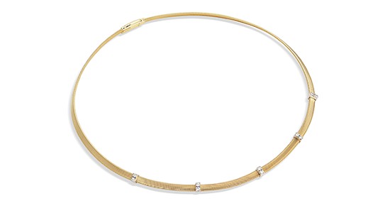 A yellow gold choker with a flat chain and five diamond station accents