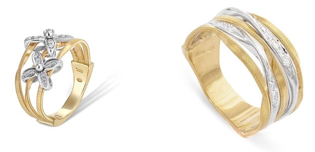 Two fashion rings from Marco Bicego’s Marrakech Onde collection featuring floral diamond arrangements