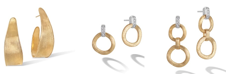 Three pairs of earrings in the Jaipur Gold collection, including drop and stud earrings