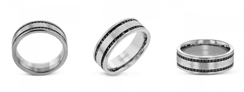 A men’s wedding band from Simon G. that features black diamonds