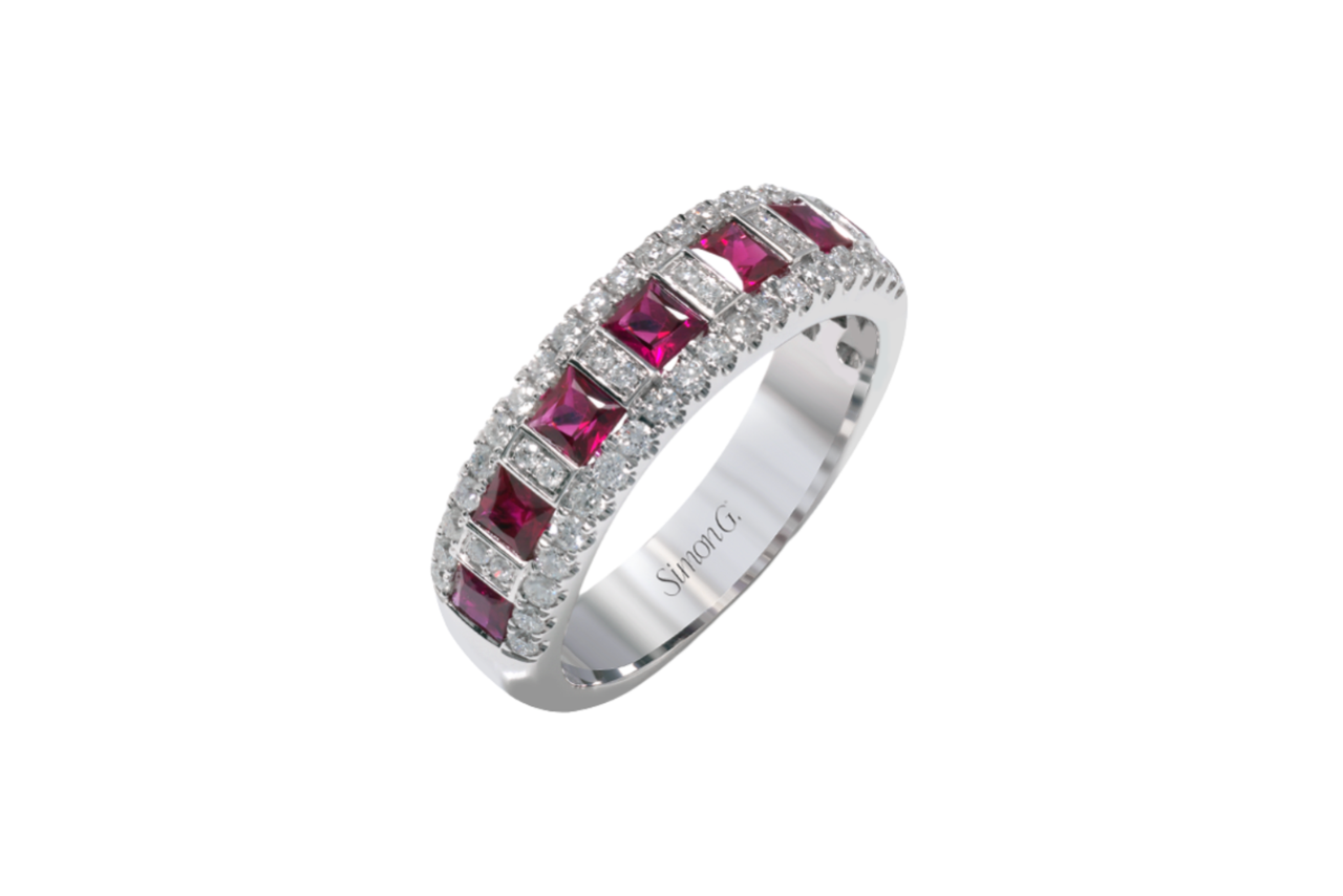 A diamond band with square shaped ruby accents.