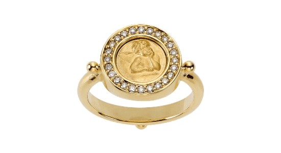yellow gold fashion ring featuring an engraved image of a cherub and diamond accents