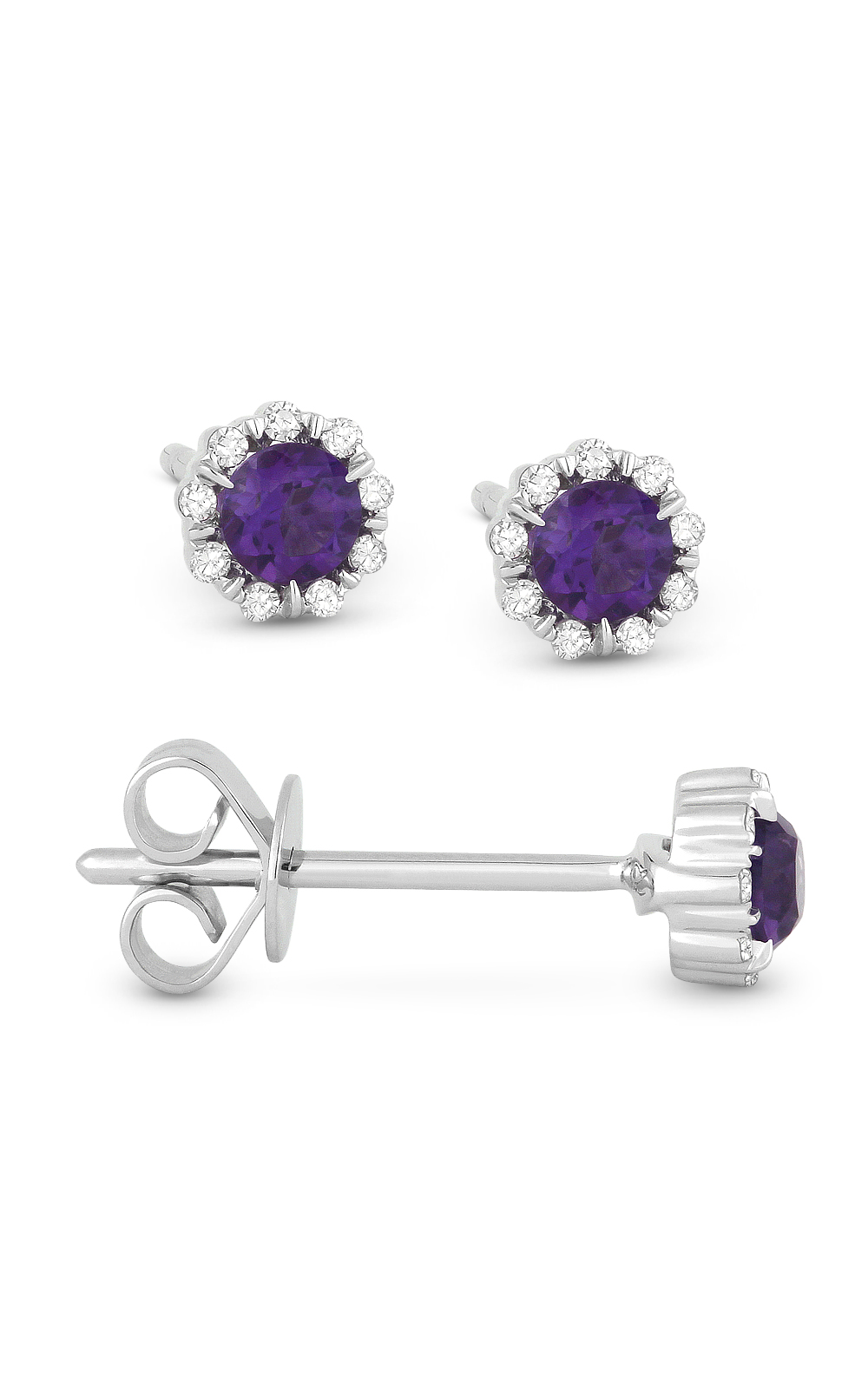 A white gold stud earrings with round amethyst stones.