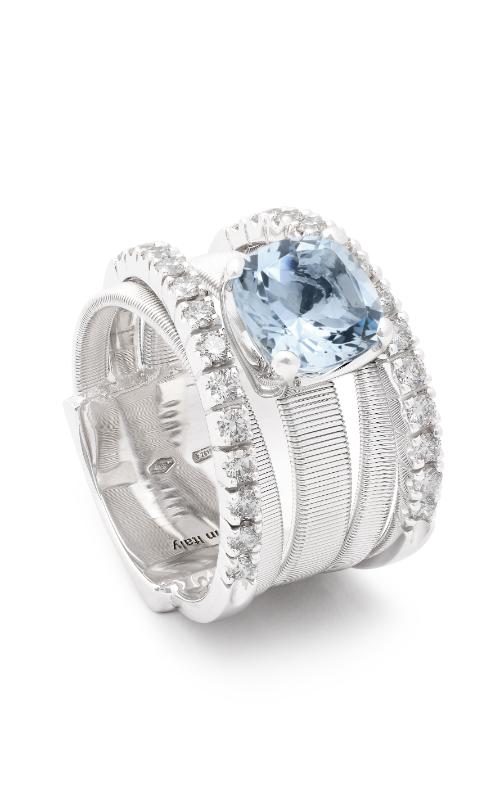 A white gold fashion ring with aquamarine round center stone.