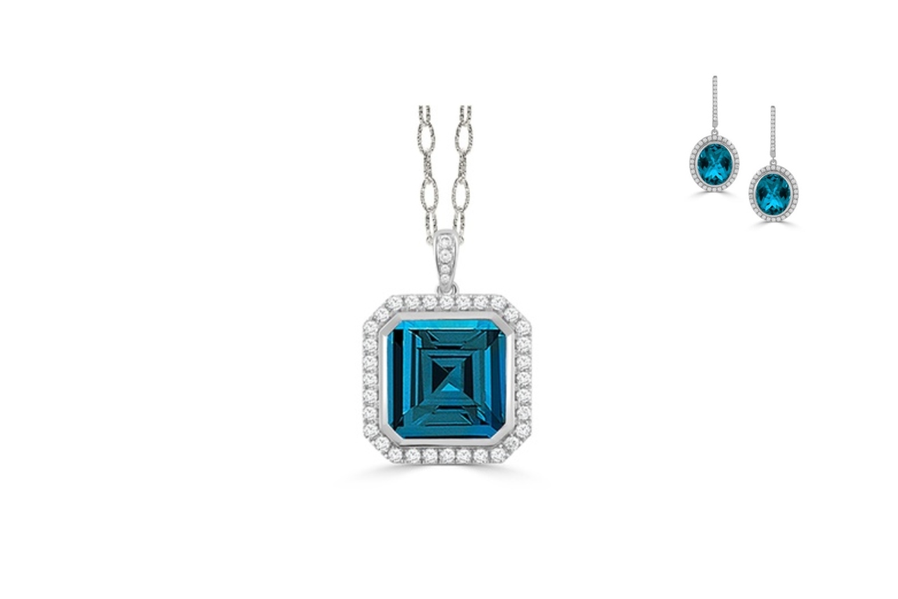 Square-cut blue gemstone pendant with diamond border and silver chain, paired with matching drop earrings.