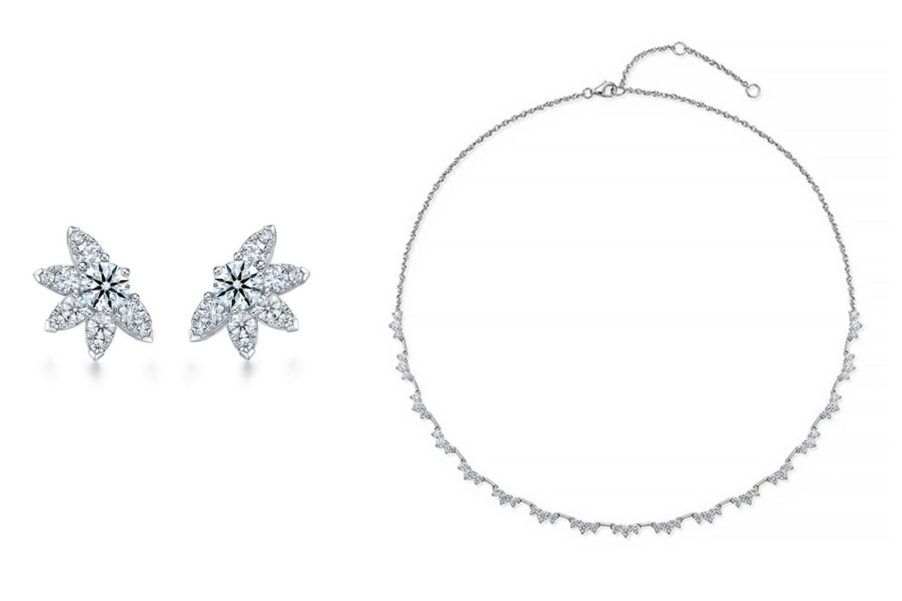 Elegant jewelry set featuring sparkling star-shaped diamond earrings and a delicate diamond necklace.