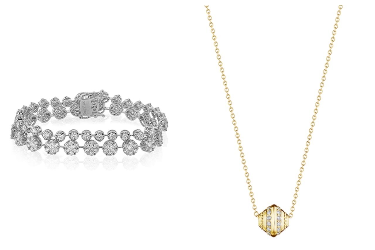 A sparkling silver tennis bracelet with round diamonds is paired with a gold chain necklace featuring a diamond-studded geometric pendant.