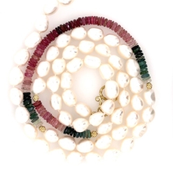 LAUREN K FRESHWATER PEARL AND MULTI SAPPHIRE BEAD NECKLACE
