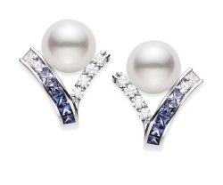 MIKIMOTO OCEAN AKOYA PEARL, DIAMOND AND GRADIANT SAPPHIRE EARRINGS