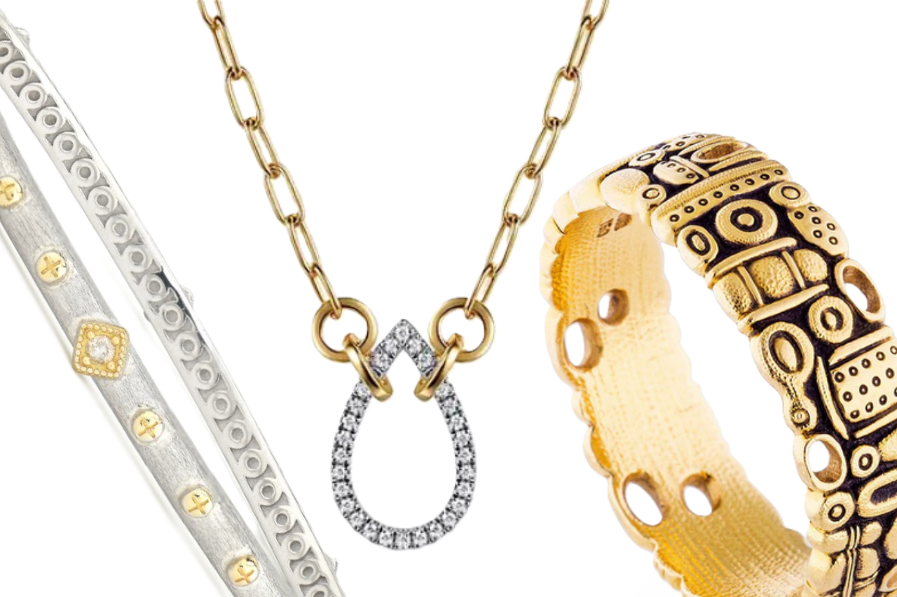 A close-up of three distinct pieces of gold jewelry, one bracelet, one necklace, and one ring, all available at Adlers Jewelers.