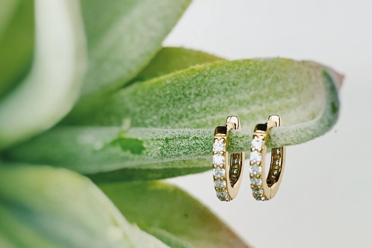 a pair of yellow gold diamond huggie earrings hanging on a succulent